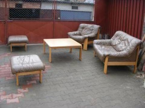 Set canapea din piele naturala pe lemn masiv