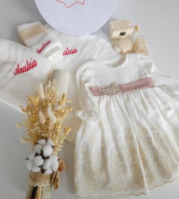 Set complet botez Alima, rochita, trusou, cufar si lumanare