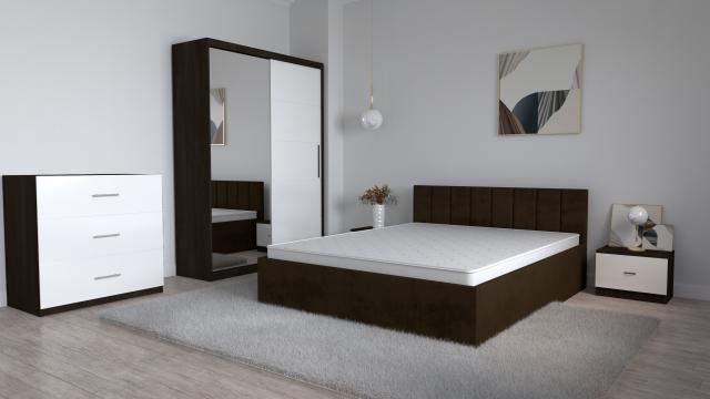 Set dormitor Oliver Magia cu pat tapitat maro inchis