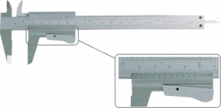 Subler mecanic din inox, 200 / 0,05mm cu clema