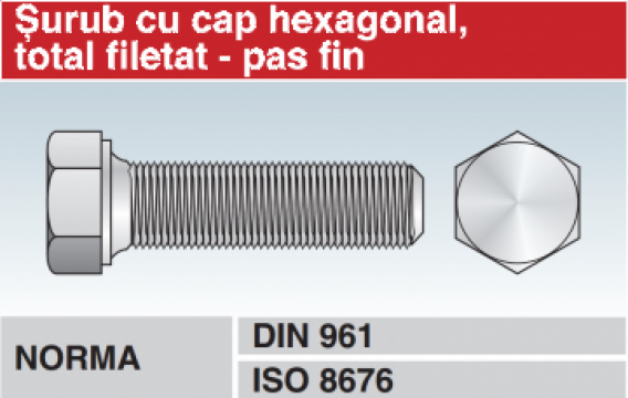 Surub cap hexagonal cu pas fin total filetat - DIN 961