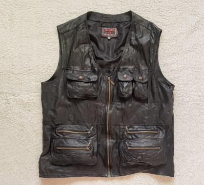 Vesta neagra barbati piele 8 buzunare biker chopper pescar
