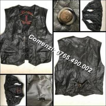 Vesta neagra barbati piele, buzunare moto biker chopper rock